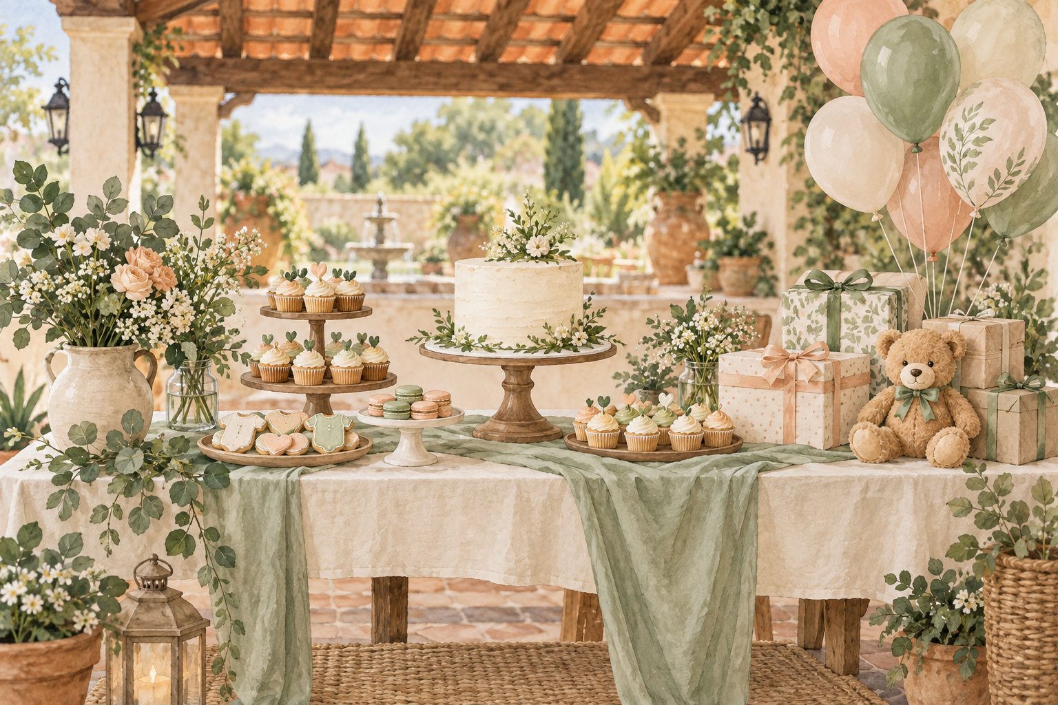 Ilustración de una mesa de baby shower con pastel, cupcakes, regalos, un osito y globos en tonos pastel